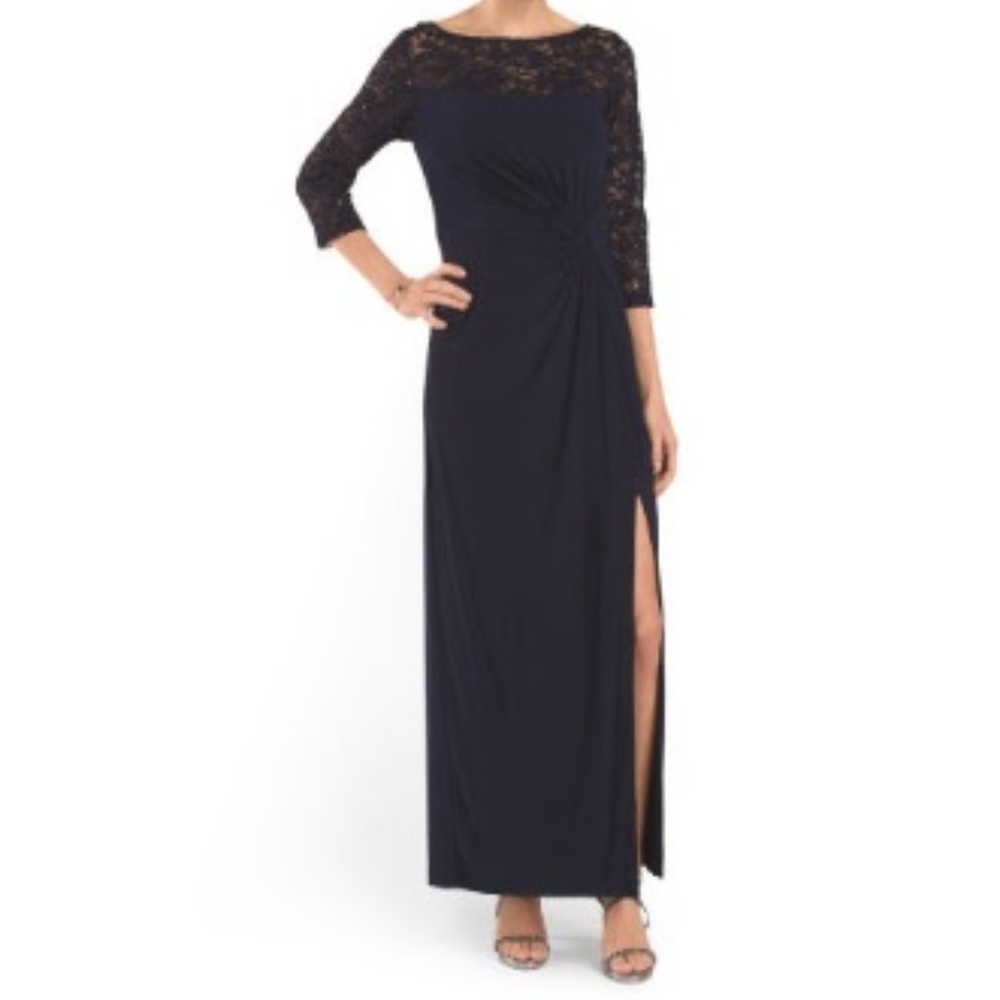 R&M Richards Sequin & Lace Navy Gown